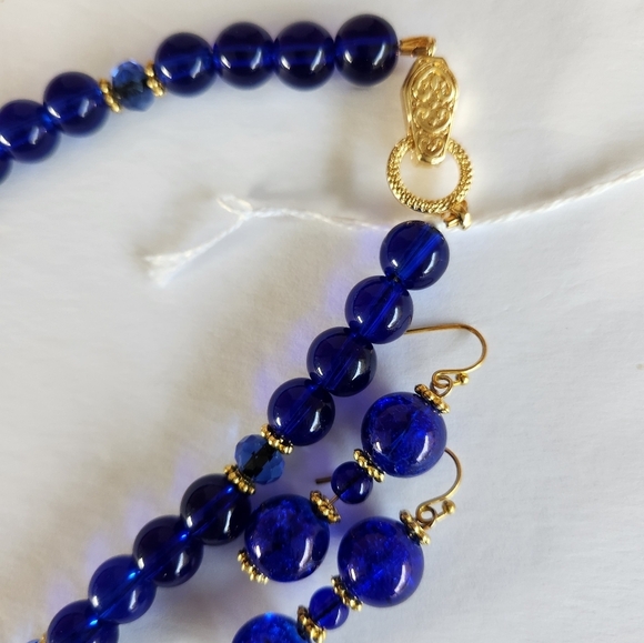 Hand Crafted Pendant Necklace Wrap Bracelet Pierced Earrings Royal Blue Beads - Picture 13 of 16